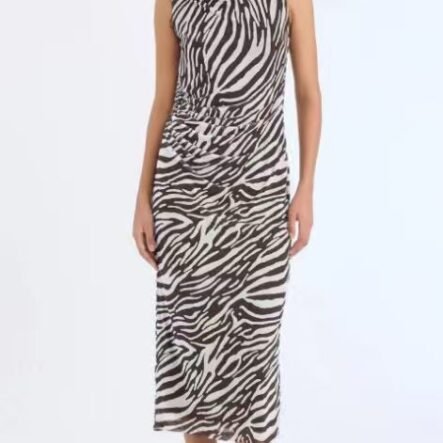 Bodycon Dress with Half Turtleneck, Zebra Print, Sleeveless Tulle Midi Dress