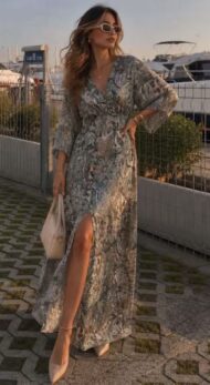 Green long dress with pattern and slit detail