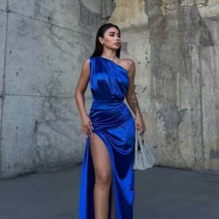 Draped Satin Evening Dress with One Sleeve